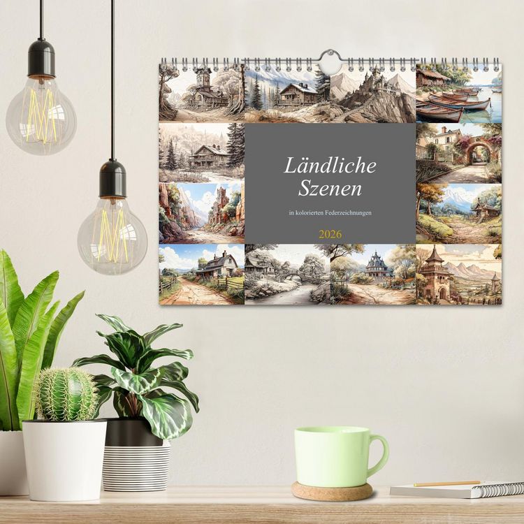 Produktbild: L&auml;ndliche Szenen in kolorierten Federzeichnungen (Wandkalender 2026 DIN A4 quer), CALVENDO Monatskalender