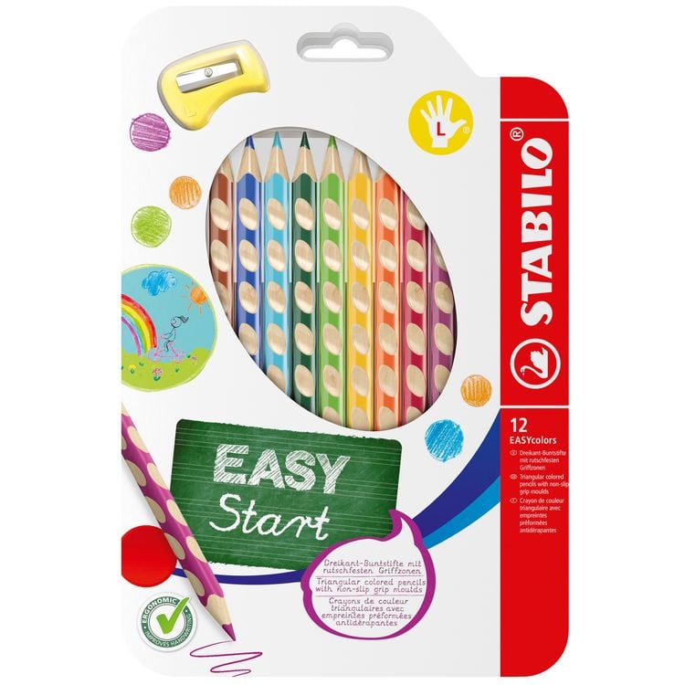 Produktbild: STABILO Ergonomischer Buntstift f&uuml;r Linksh&auml;nder -   EASYcolors - 12er Pack mit Spitzer - mit 12 verschiedenen Farben