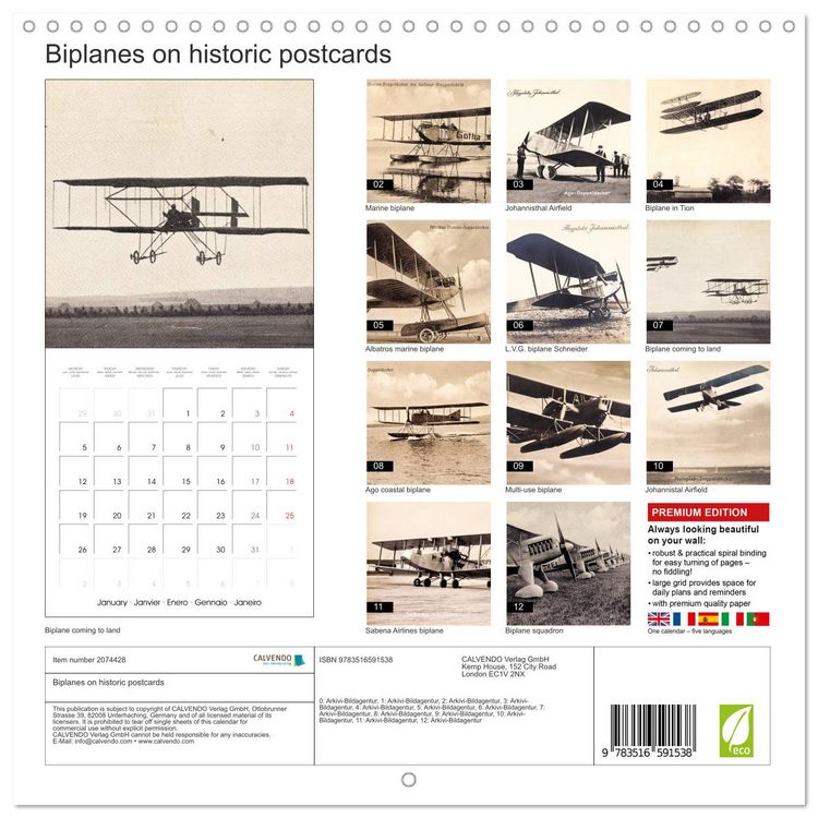 Produktbild: Biplanes on historic postcards (Wall Calendar 2026 12 &times; 12 Inch) CALVENDO 12 Month Wall Calendar