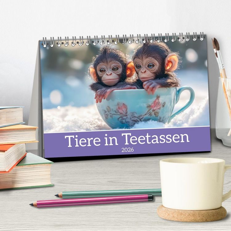 Produktbild: Tiere in Teetassen (Tischkalender 2026 DIN A5 quer), CALVENDO Monatskalender