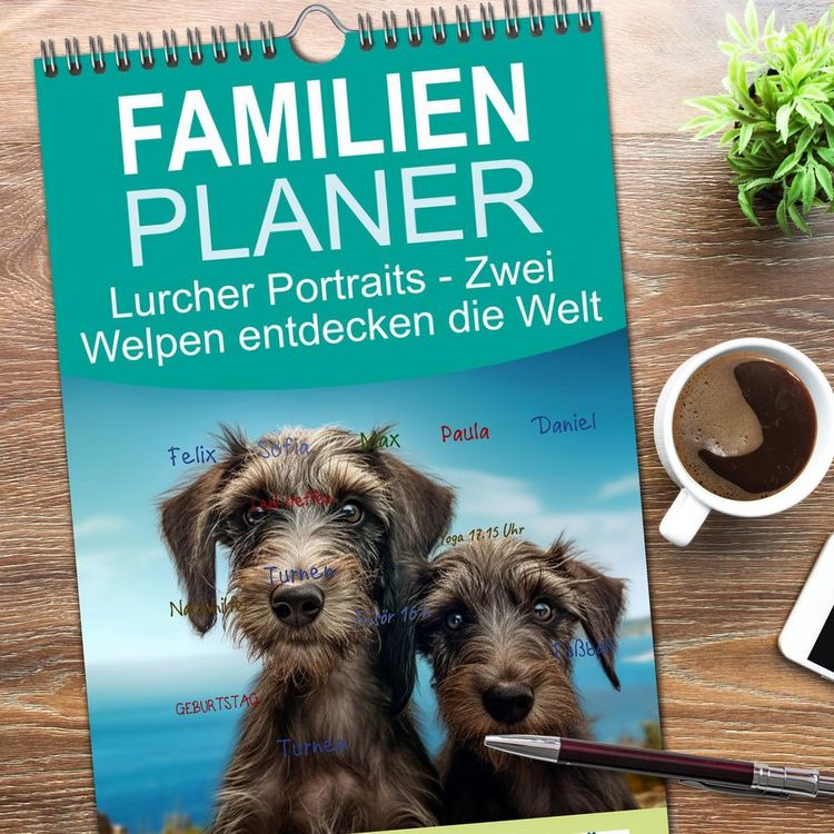Produktbild: Familienplaner 2026 - Lurcher Portraits - Zwei Welpen entdecken die Welt mit 5 Spalten (Wandkalender, 21 x 45 cm) CALVENDO