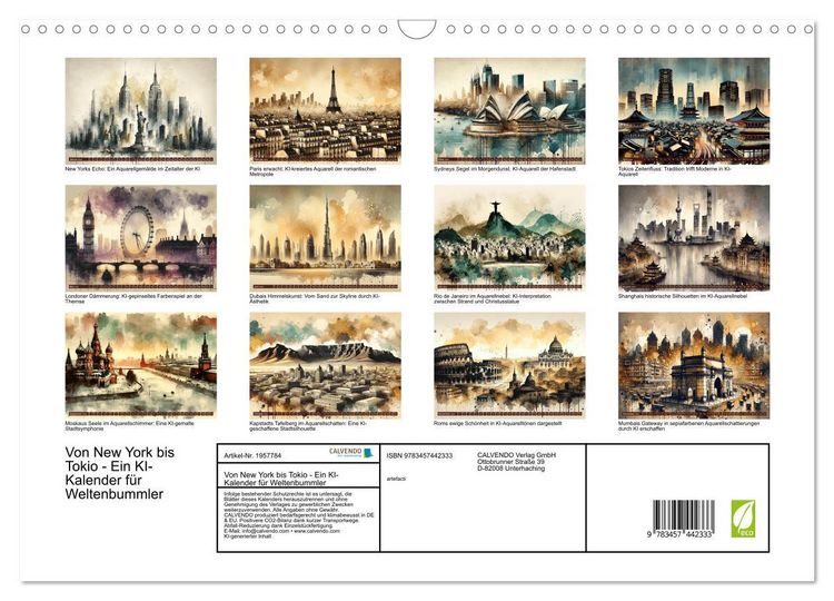 Produktbild: Von New York bis Tokio - Ein KI-Kalender f&uuml;r Weltenbummler (Wandkalender 2026 DIN A3 quer), CALVENDO Monatskalender