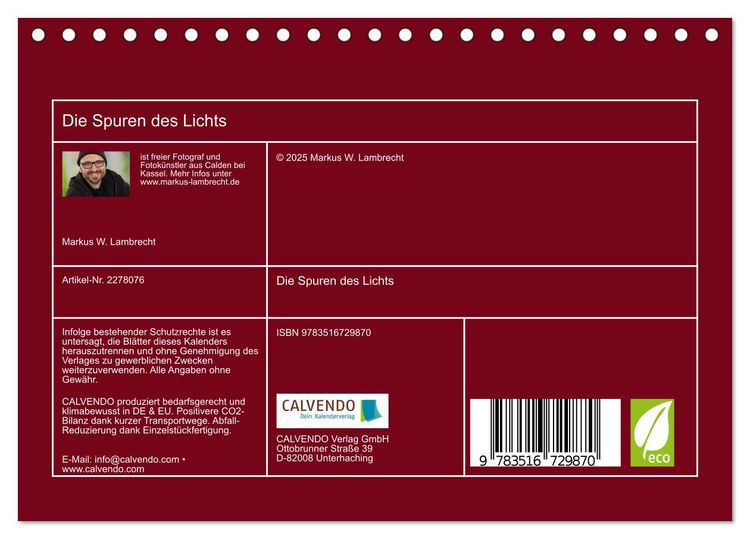 Produktbild: Die Spuren des Lichts (Tischkalender 2026 DIN A5 quer), CALVENDO Monatskalender