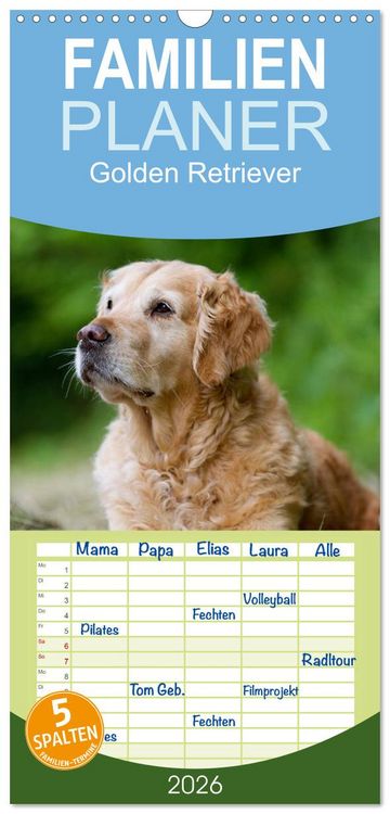 Produktbild: Familienplaner 2026 - Golden Retriever mit 5 Spalten (Wandkalender, 21 x 45 cm) CALVENDO