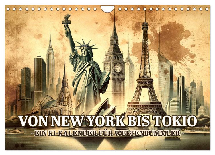 Produktbild: Von New York bis Tokio - Ein KI-Kalender f&uuml;r Weltenbummler (Wandkalender 2026 DIN A4 quer), CALVENDO Monatskalender