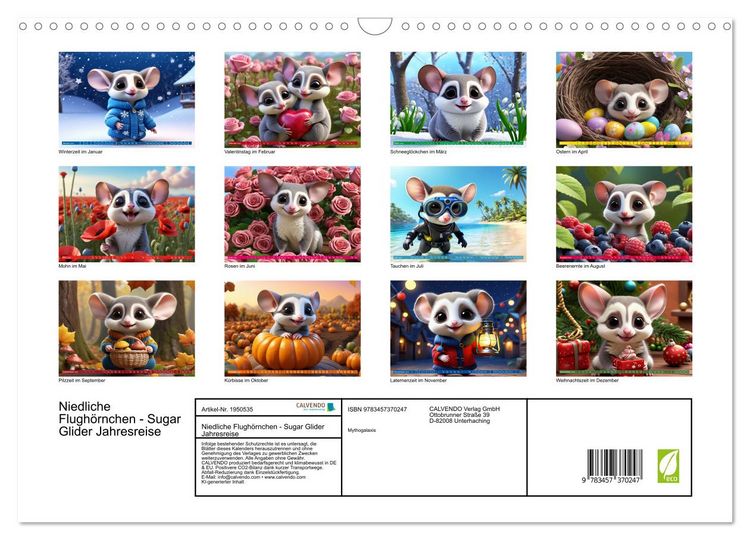 Produktbild: Niedliche Flugh&ouml;rnchen - Sugar Glider Jahresreise (Wandkalender 2026 DIN A3 quer), CALVENDO Monatskalender