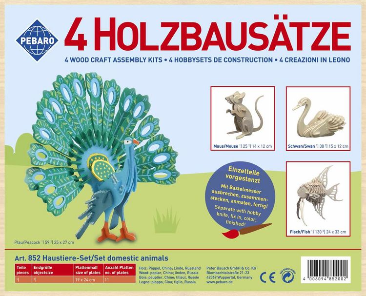 Produktbild: PEBARO 852 - Holzbausatz Haustier-Set, Pfau, Fisch, Maus, Schwan, 4 Holzkonstruktionen zum Zusammenstecken