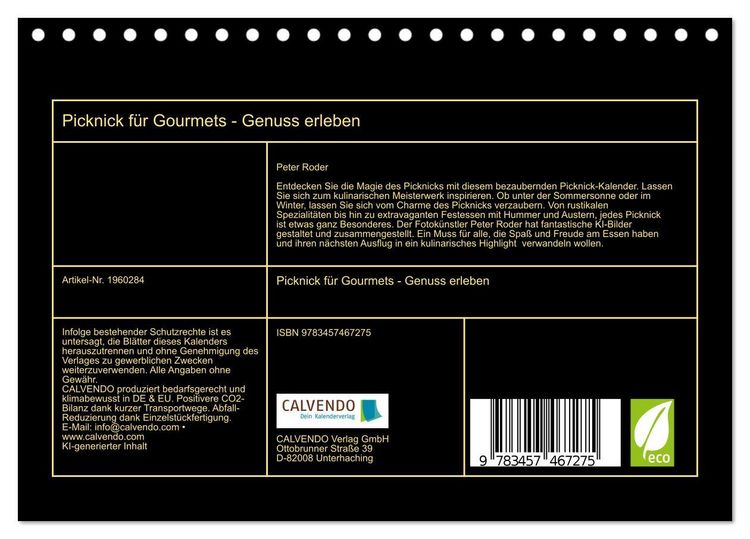 Produktbild: Picknick f&uuml;r Gourmets - Genuss erleben (Tischkalender 2026 DIN A5 quer), CALVENDO Monatskalender