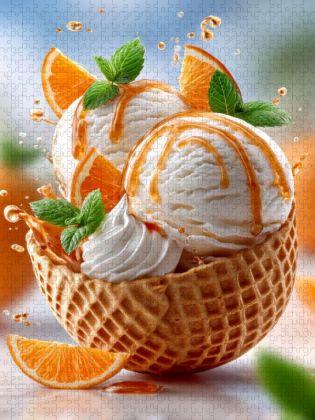 Produktbild: CALVENDO Puzzle Herrlich verpackt in einer Waffel - Vanilleeis mit Orangen und Orangensirup | 1000 Teile Lege-Gr&ouml;&szlig;e 64x48cm Foto-Puzzle f&uuml;r gl&uuml;ckliche