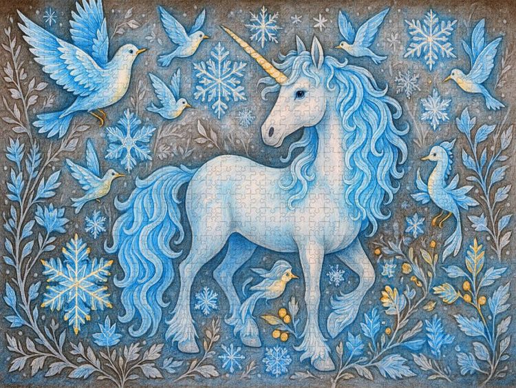 Produktbild: CALVENDO Puzzle Schneeeinhorn und Eiskristall-V&ouml;gel | 2000 Teile Lege-Gr&ouml;&szlig;e 90x67cm Foto-Puzzle f&uuml;r gl&uuml;ckliche Stunden
