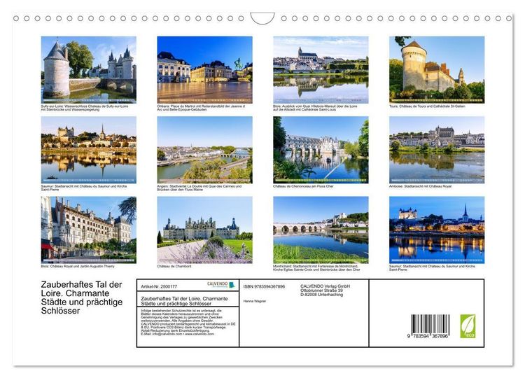 Produktbild: Zauberhaftes Tal der Loire. Charmante St&auml;dte und pr&auml;chtige Schl&ouml;sser (Wandkalender 2027 DIN A3 quer), CALVENDO Monatskalender
