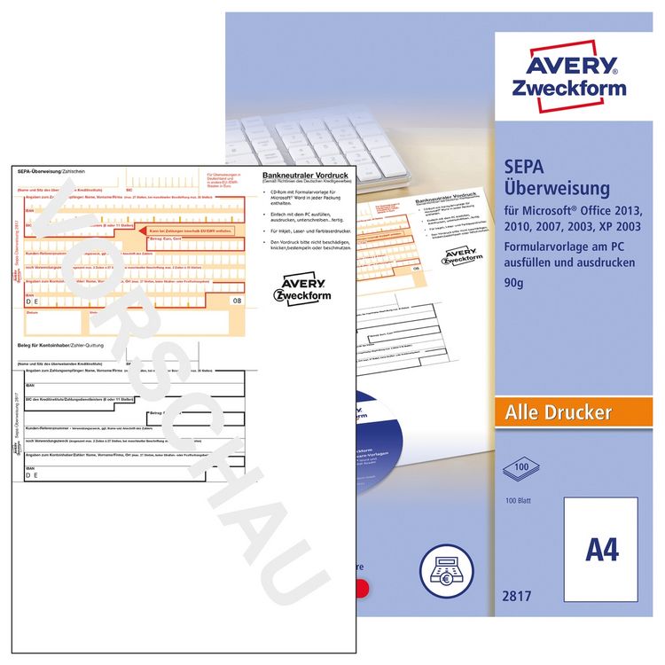 Produktbild: AVERY Zweckform SEPA &Uuml;berweisung PC-Druckerformular inkl. Software DIN A4 100 Blatt