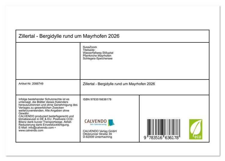 Produktbild: Zillertal - Bergidylle rund um Mayrhofen 2026 (Tischkalender 2026 DIN A5 quer), CALVENDO Monatskalender
