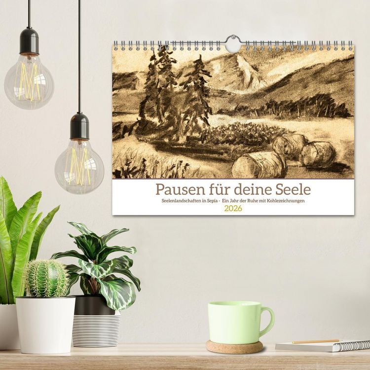 Produktbild: Pausen f&uuml;r deine Seele - Seelenlandschaften in Sepia - Ein Jahr der Ruhe mit Kohlezeichnungen (Wandkalender 2026 DIN A4 quer), CALVENDO Monatskalender