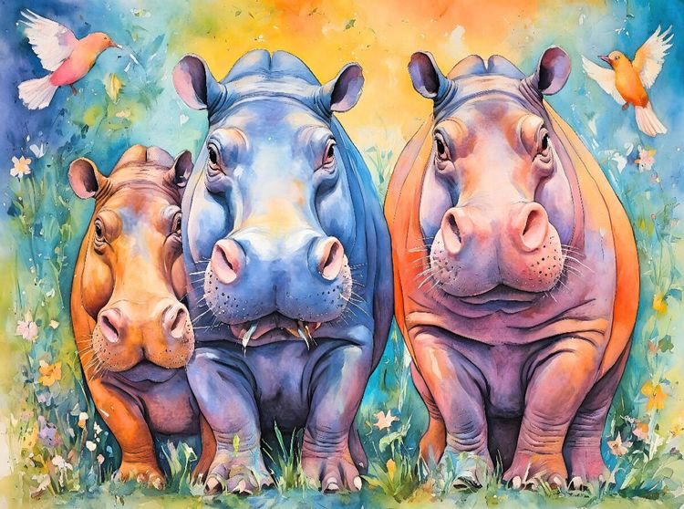 Produktbild: CALVENDO Puzzle Lustige, bunte Flusspferde | 2000 Teile Lege-Gr&ouml;&szlig;e 90x67cm Foto-Puzzle f&uuml;r gl&uuml;ckliche Stunden