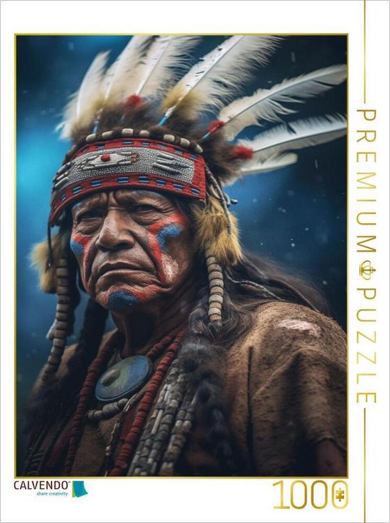 Produktbild: CALVENDO Puzzle Stolzer Blick: Ein H&auml;uptling und sein majest&auml;tischer Kopfschmuck | 1000 Teile Lege-Gr&ouml;&szlig;e 64x48cm Foto-Puzzle f&uuml;r gl&uuml;ckliche Stunden