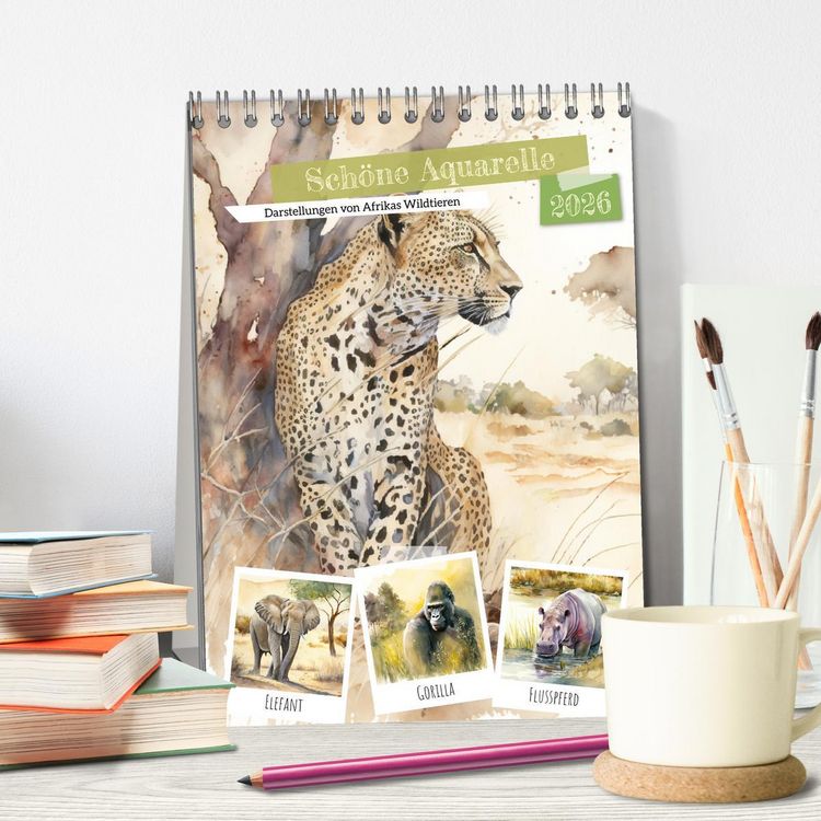 Produktbild: Sch&ouml;ne Aquarelle. Darstellungen von Afrikas Wildtieren (Tischkalender 2026 DIN A5 hoch), CALVENDO Monatskalender
