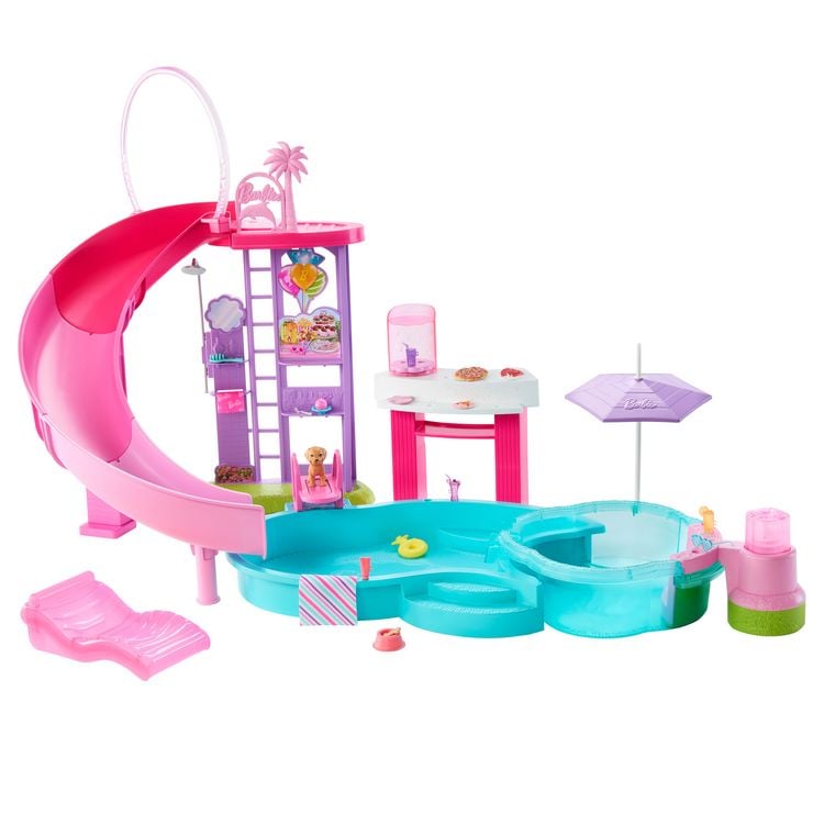 Produktbild: Barbie Traumpool Spielset mit Rutsche und schäumendem Whirlpool sowie über 20 Zubehörteilen wie Haustier, Schwimmringe und mehr
