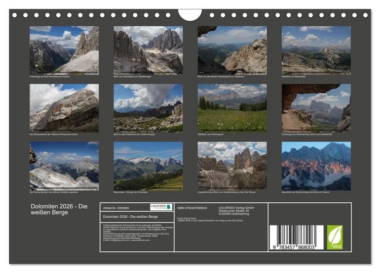 Produktbild: Dolomiten 2026 - Die wei&szlig;en Berge (Wandkalender 2026 DIN A4 quer), CALVENDO Monatskalender