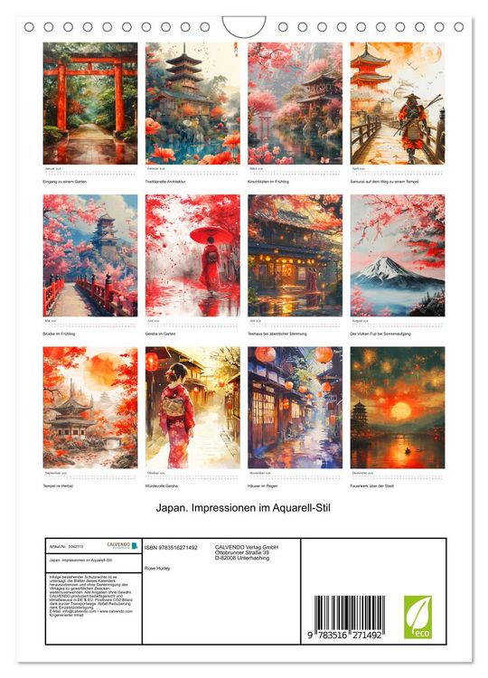 Produktbild: Japan. Impressionen im Aquarell-Stil (Wandkalender 2026 DIN A4 hoch), CALVENDO Monatskalender