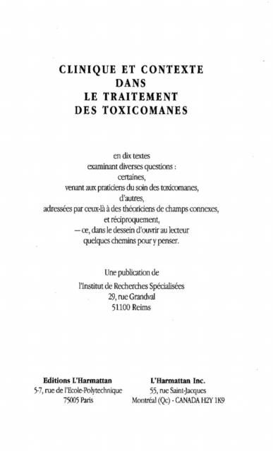 Produktbild: Clinique et contexte dans le traitement des toxicomanes