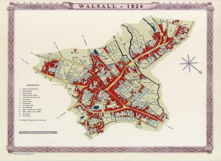 Produktbild: Walsall Town 1824 - Old Map Supplied Rolled in a Clear Two Part Screw Presentation Tube - Print Size 45cm x 32cm