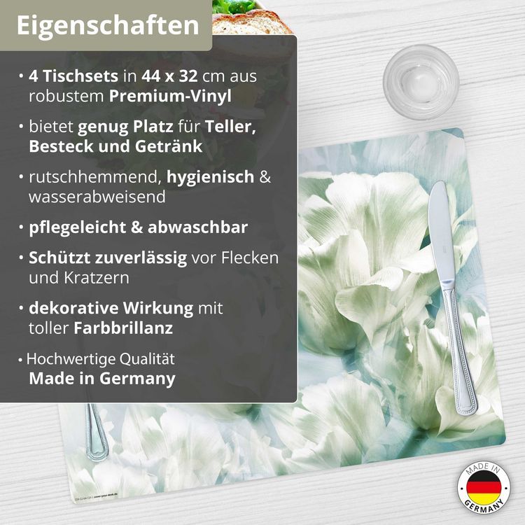 Produktbild: Tischsetmacher Tischsets Romantische wei&szlig;e Tulpen, aus hochwertigem Vinyl (4 St&uuml;ck), 44 x 32 cm
