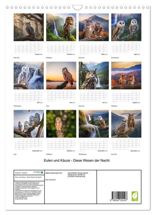 Produktbild: Eulen und K&auml;uze - Diese Wesen der Nacht (Wandkalender 2026 DIN A3 hoch), CALVENDO Monatskalender