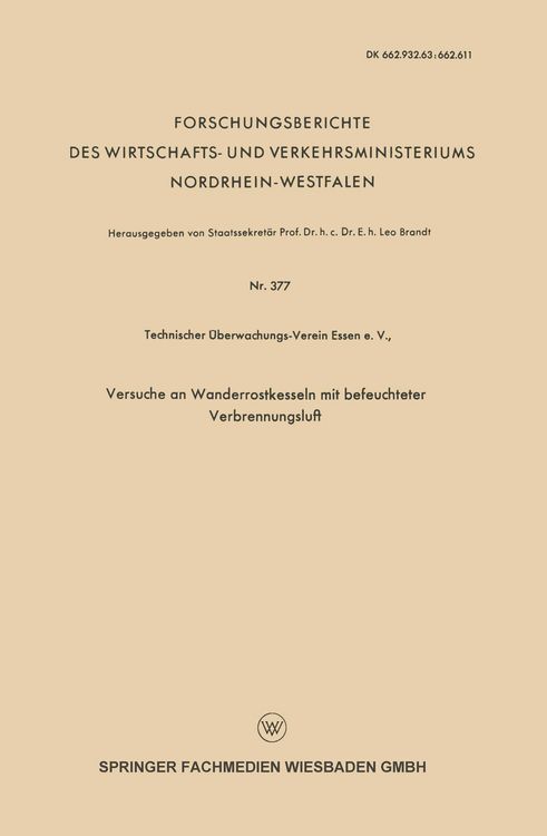 Produktbild: Versuche an Wanderrostkesseln mit befeuchteter Verbrennungsluft