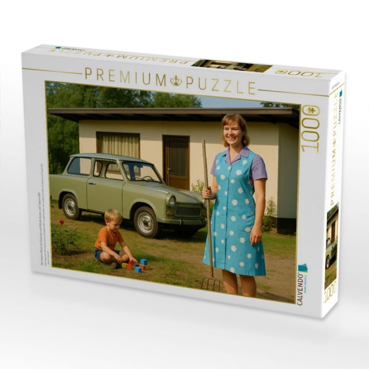 Produktbild: CALVENDO Puzzle Das kleine Gl&uuml;ck mit Datsche und Kittelsch&uuml;rze und Trabant 601 | 1000 Teile Lege-Gr&ouml;&szlig;e 64x48cm Foto-Puzzle f&uuml;r gl&uuml;ckliche Stunden
