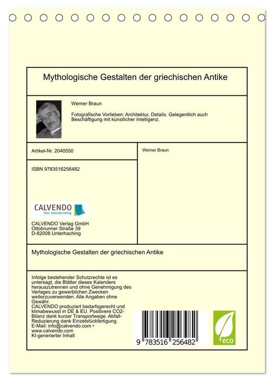 Produktbild: Mythologische Gestalten der griechischen Antike (Tischkalender 2026 DIN A5 hoch), CALVENDO Monatskalender