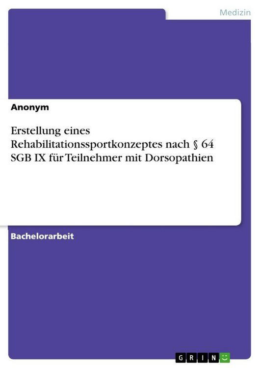 Produktbild: Erstellung eines Rehabilitationssportkonzeptes nach &sect; 64 SGB IX f&uuml;r Teilnehmer mit Dorsopathien