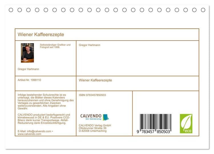 Produktbild: Wiener Kaffeerezepte (Tischkalender 2026 DIN A5 quer), CALVENDO Monatskalender
