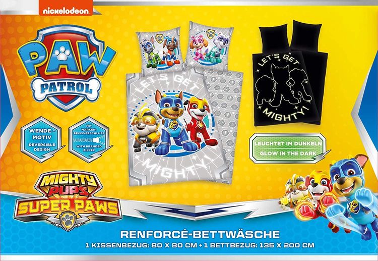 Herding 4432416050 - Young Collection, Paw Patrol, Glow in the dark, Bettwäsche-Set, Cotton, grau, 80 x 80 cm, 135 x 200 cm