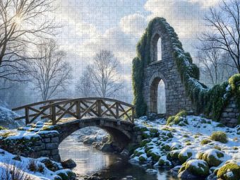 Produktbild: CALVENDO Puzzle Br&uuml;cke ins Vergessene - Nebel &uuml;ber der alten Ruine | 1000 Teile Lege-Gr&ouml;&szlig;e 64x48cm Foto-Puzzle f&uuml;r gl&uuml;ckliche Stunden
