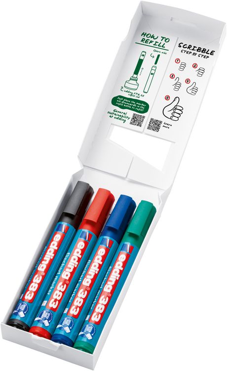 Produktbild: EDDING&reg; Flipchart Marker 383, 4er Etui (rot, blau, gr&uuml;n, schwarz) Kartonetui