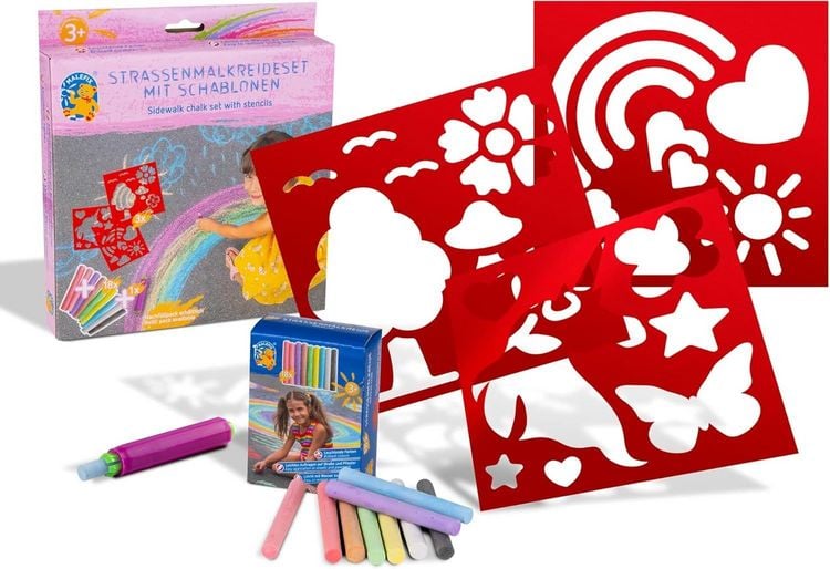 Produktbild: Stra&szlig;enmalkreide Schablonen Set "Einhorn" 3 Schablonen, 18 Kreiden in 9 Farben,