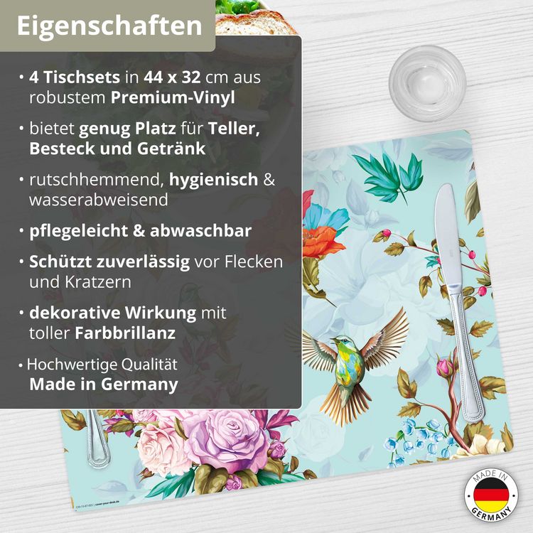 Produktbild: Tischsetmacher Tischsets Buntes Vogelparadies, aus hochwertigem Vinyl (4 St&uuml;ck), 44 x 32 cm
