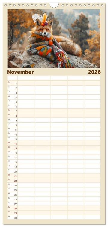 Produktbild: Familienplaner 2026 - Fuchsige Eskapaden. Reineke mit noblen Accessoires mit 5 Spalten (Wandkalender, 21 x 45 cm) CALVENDO