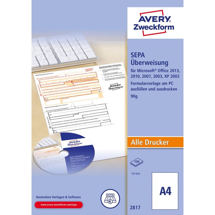 Produktbild: AVERY Zweckform SEPA &Uuml;berweisung PC-Druckerformular inkl. Software DIN A4 100 Blatt
