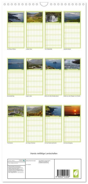 Produktbild: Familienplaner 2026 - Irlands vielf&auml;ltige Landschaften mit 5 Spalten (Wandkalender, 21 x 45 cm) CALVENDO