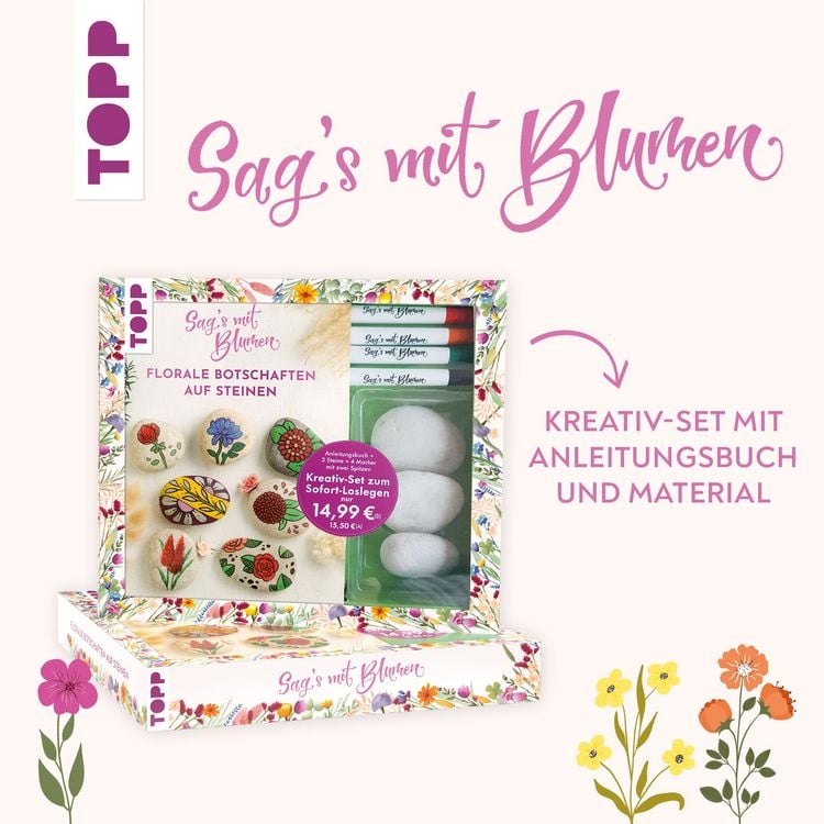 Produktbild: Kreativ-Set: Sag's mit Blumen - Florale Botschaften auf Steinen. Mit Anleitungsbuch und Material