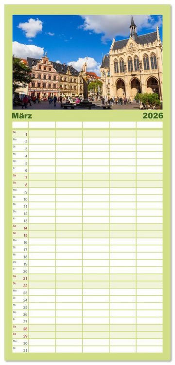 Produktbild: Familienplaner 2026 - Landeshauptstadt Erfurt - Reise durch das sch&ouml;ne Th&uuml;ringen mit 5 Spalten (Wandkalender, 21 x 45 cm) CALVENDO
