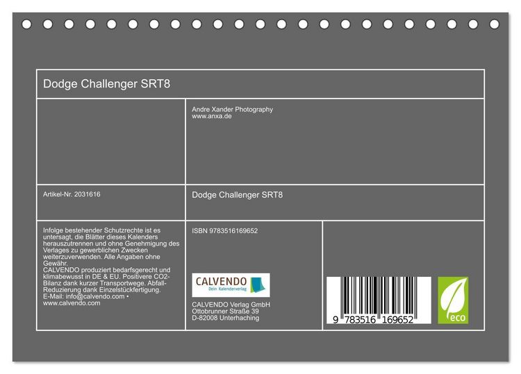 Produktbild: Dodge Challenger SRT8 (Tischkalender 2026 DIN A5 quer), CALVENDO Monatskalender