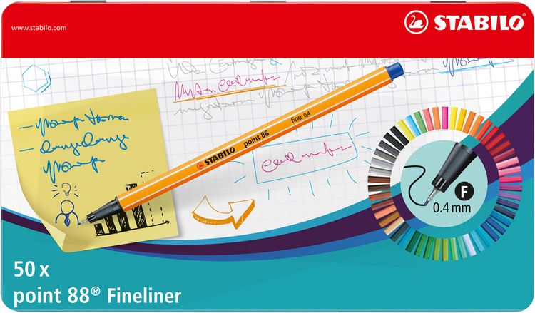 Produktbild: STABILO Fineliner -   point 88 - 50er Metalletui - mit 47 verschiedenen Farben - 2x blau, rot, schwarz