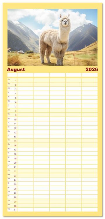 Produktbild: Familienplaner 2026 - Die Welt der Alpakas mit 5 Spalten (Wandkalender, 21 x 45 cm) CALVENDO