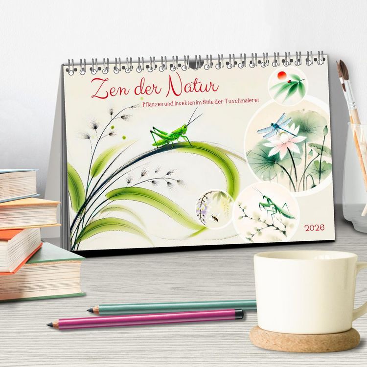 Produktbild: Zen der Natur - Pflanzen und Insekten im Stile der Tuschmalerei (Tischkalender 2026 DIN A5 quer), CALVENDO Monatskalender