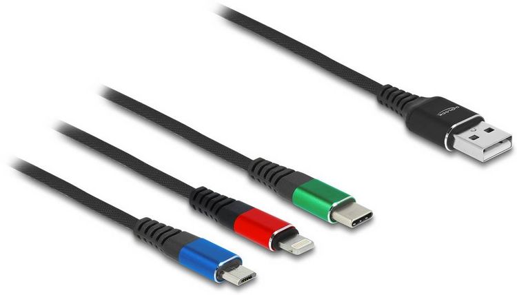 Produktbild: Delock USB-Kabel USB 2.0 USB-A Stecker, USB-Micro-B Stecker, Apple Lightning Stecker, USB-C&reg; 2.00 m Schwarz 90156