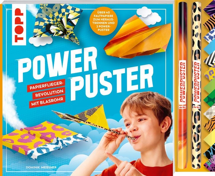Produktbild: Powerpuster. Anleitungsbuch mit &uuml;ber 40 Faltbl&auml;ttern und 2 Blasrohren