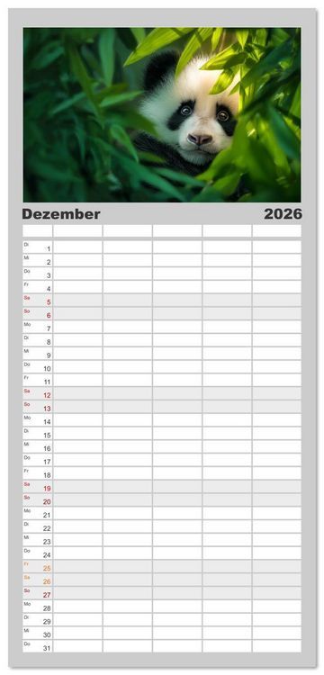 Produktbild: Familienplaner 2026 - Schwarz auf Wei&szlig; - Der Panda-Kalender mit 5 Spalten (Wandkalender, 21 x 45 cm) CALVENDO